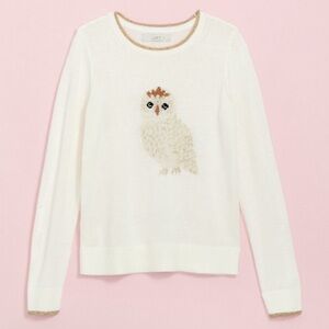 Ann Taylor Loft Owl Sweater Cream Winter White W/ Gold Metallic Trim Size Small